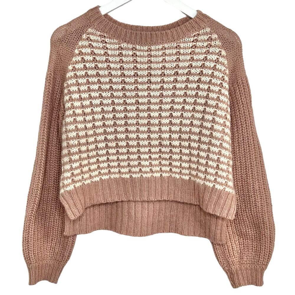 Jill Stuart Womens Size M Mauve Pink Cream Check Cropped Balloon Sleeve Sweater